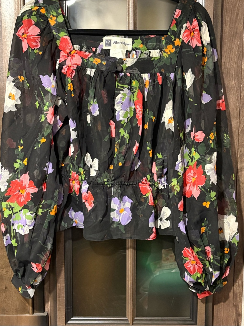 Vintage Albert Nipon Black Sheer Floral Boho Peasant Top